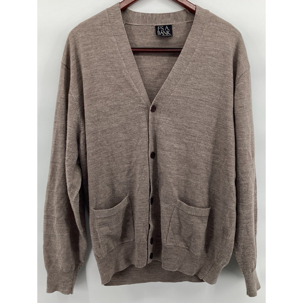 Jos A Bank Cardigan Sweater Mens XL Tan 100% Wool Knit Grandpa Preppy